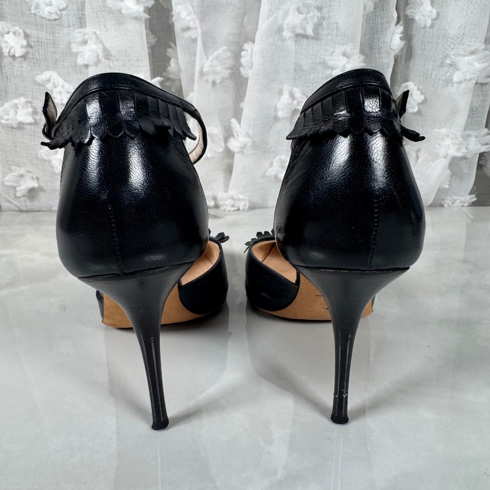 Cole Haan Collection Black Fringe Stiletto Heels Ankle Strap Pointed Toe Leather - Picture 7 of 15